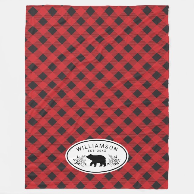 Red Black Buffalo Plaid Lumberjack Bear Monogram Fleece Blanket (Front)