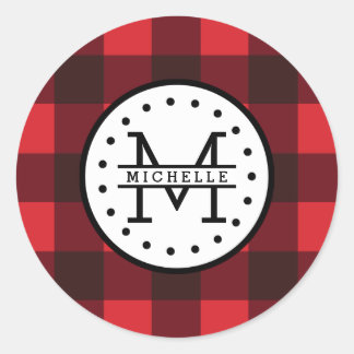 Red black Buffalo Plaid Lumberjack Name Monogram Classic Round Sticker