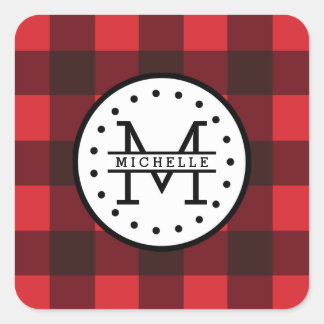 Red black Buffalo Plaid Lumberjack Name Monogram Square Sticker