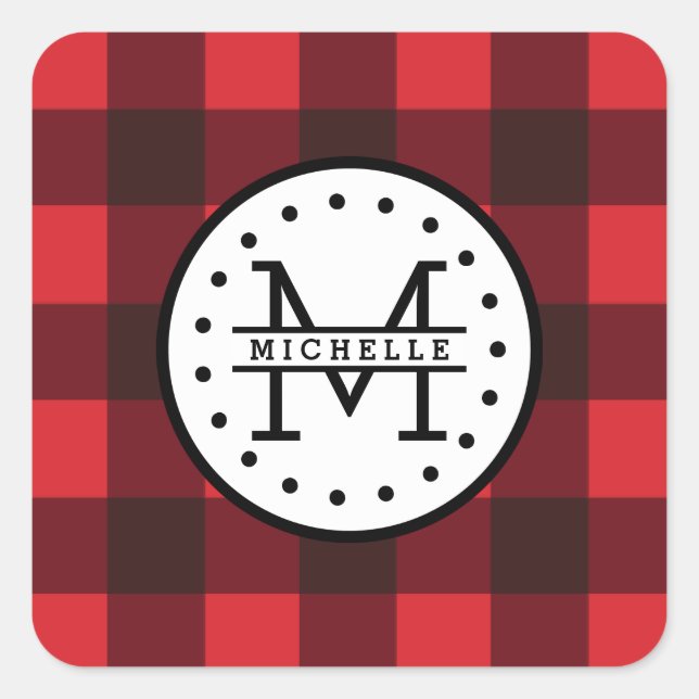 Red black Buffalo Plaid Lumberjack Name Monogram Square Sticker (Front)