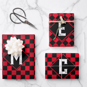 red & black buffalo plaid Monogram Chequerboard Wrapping Paper Sheet
