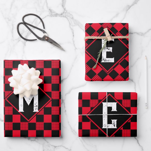 red & black buffalo plaid Monogram Chequerboard Wrapping Paper Sheet (Front)