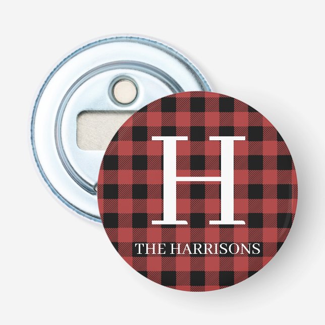 Red Black Buffalo Plaid Monogram Holiday Bottle Opener (Front)