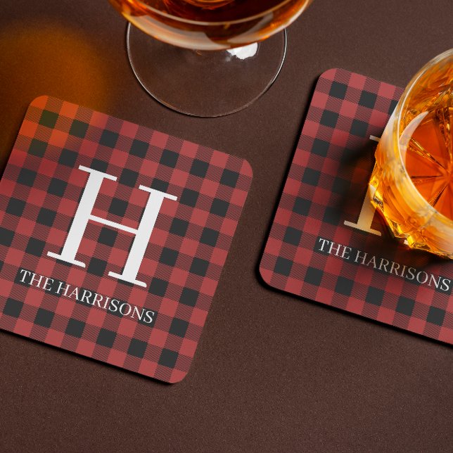 Red Black Buffalo Plaid Monogram Holiday Coaster (Creator Uploaded)