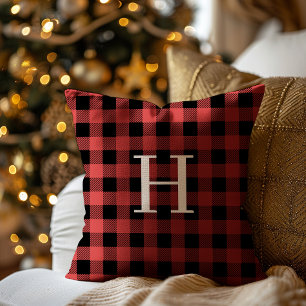 Red Black Buffalo Plaid Monogram Holiday Cushion