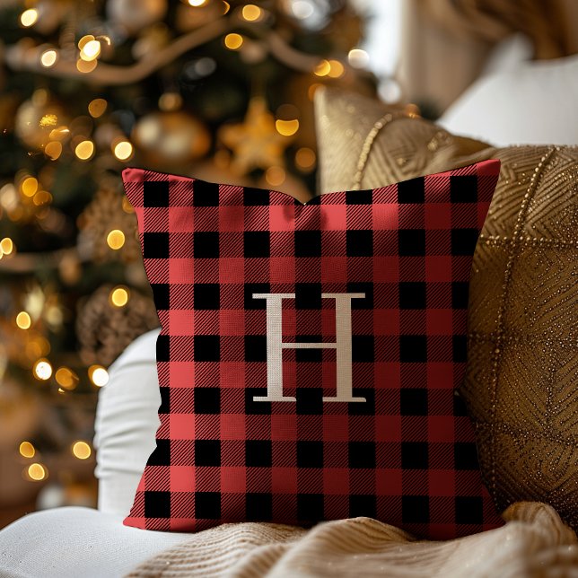 Red Black Buffalo Plaid Monogram Holiday Cushion (Creator Uploaded)