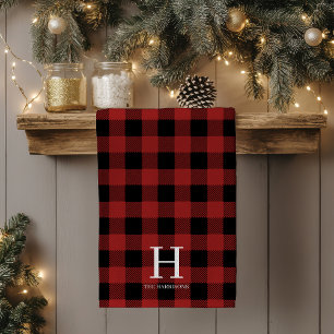 Red Black Buffalo Plaid Monogram Holiday Tea Towel