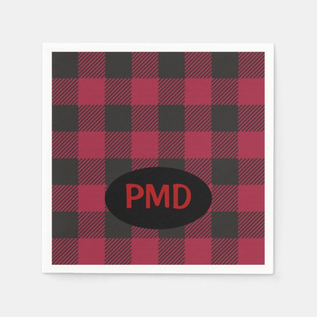 Red Black Buffalo Plaid Monogram Initials Napkin (Front)