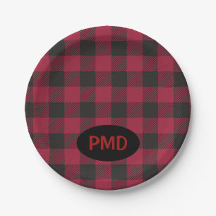 Red Black Buffalo Plaid Monogram Initials Paper Plate