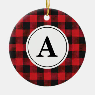 Red Black Buffalo Plaid Monogrammed Ceramic Tree Decoration