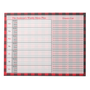 Red Black Buffalo Plaid Personalised Menu Plan Notepad