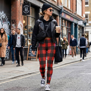 Red Black Buffalo Plaid Pine Forest Leggings