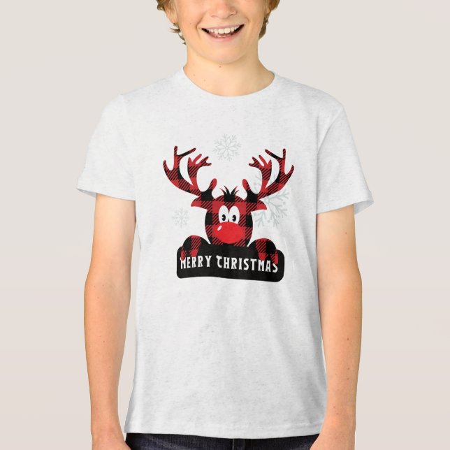 Red & Black Buffalo Plaid Reindeer Christmas Tri-Blend Shirt (Front)