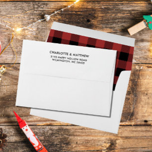 Red Black Buffalo Plaid return address family name Envelope