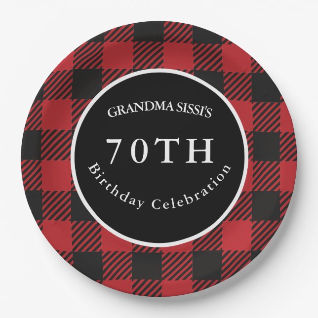Red & Black Buffalo Plaid Rustic Birthday Party  Paper Plate (Front)