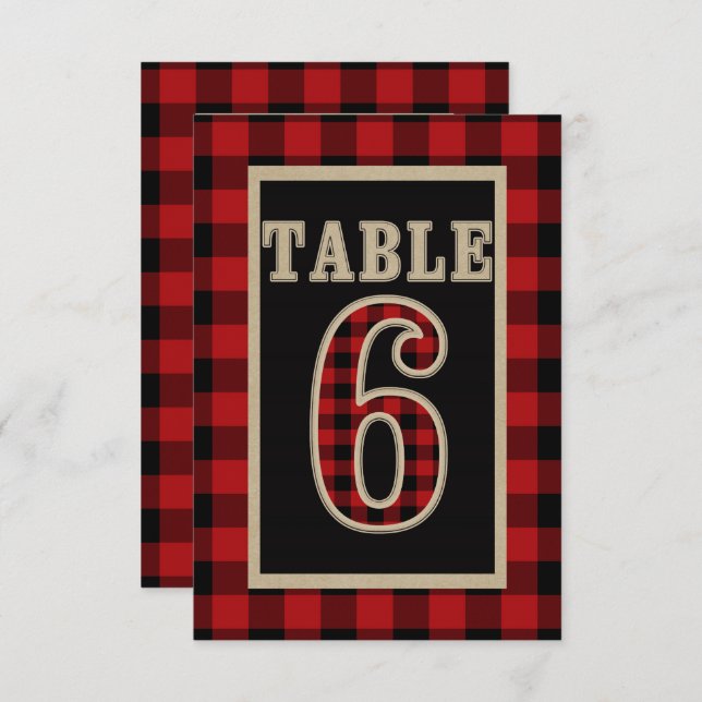 Red & Black Buffalo Plaid Rustic Table Number 6 (Front/Back)