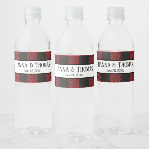 Red Black Buffalo Plaid Rustic Wedding  Water Bottle Label