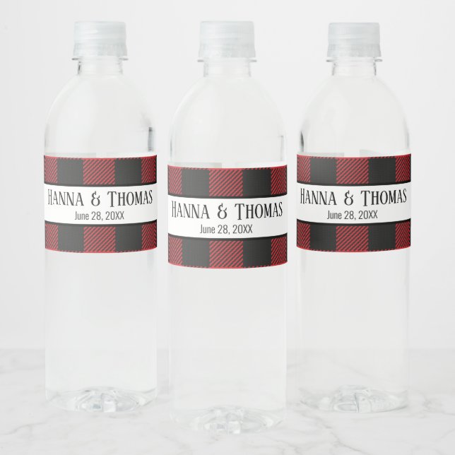 Red Black Buffalo Plaid Rustic Wedding  Water Bottle Label (Bottles)