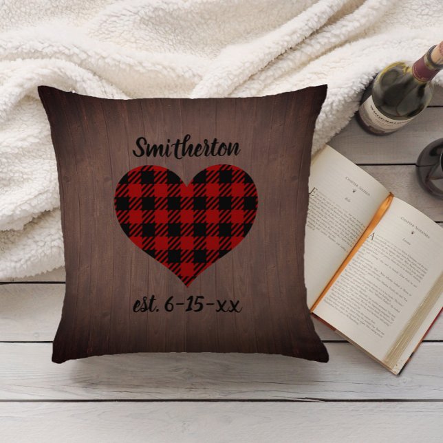 Red Black Buffalo Plaid Rustic Wood Heart Family Cushion (Red and black buffalo plaid on brown monogram and date pillow. Personalized with wedding date.)