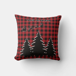 Red - Black Buffalo Plaid Santa Silhouette Forest  Cushion