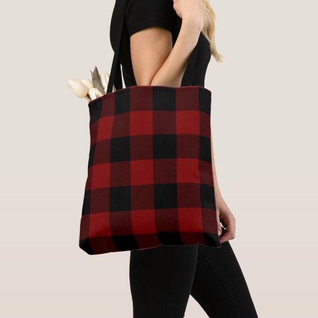 Red & Black Buffalo plaid Shopper Tote Bag (Close Up)
