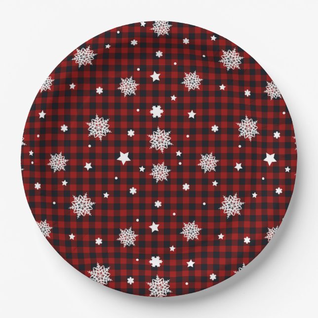 Red Black Buffalo Plaid Snowflake Winter Christmas Paper Plate (Front)