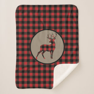 Red Black Buffalo Plaid Standing Buck Deer Sherpa Blanket