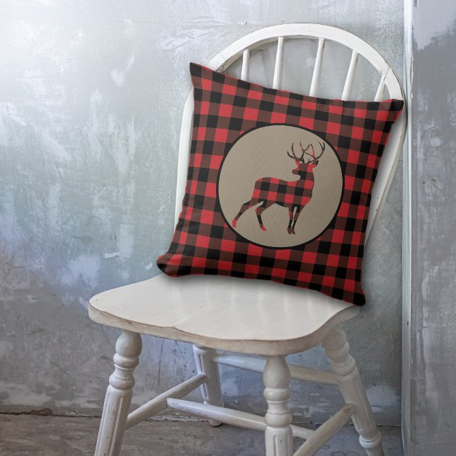 Red Black Buffalo Plaid Standing Deer Buck Cushion (Creator Uploaded)