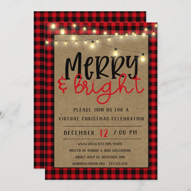 Red Black Buffalo Plaid Virtual Christmas Party Invitation (Front/Back)