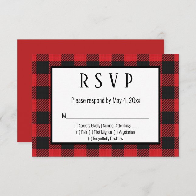 Red Black Buffalo Plaid Wedding RSVP Card (Front/Back)