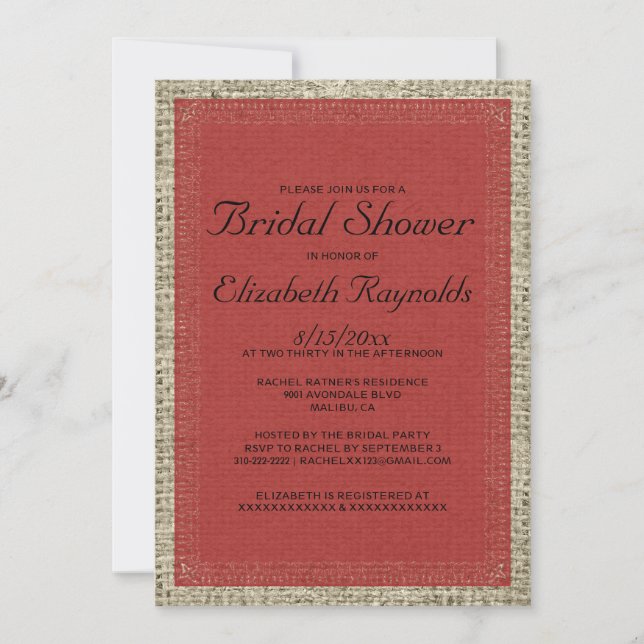 Red & Black Burlap Bridal Shower Invitations (Front)