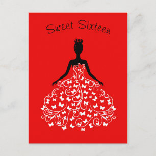 Red Black Butterfly Gown Sweet Sixteen Invitation Postcard