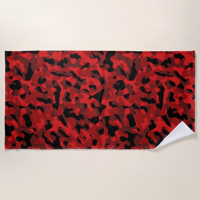 Red Black Camouflage Print Pattern Beach Towel (Front)