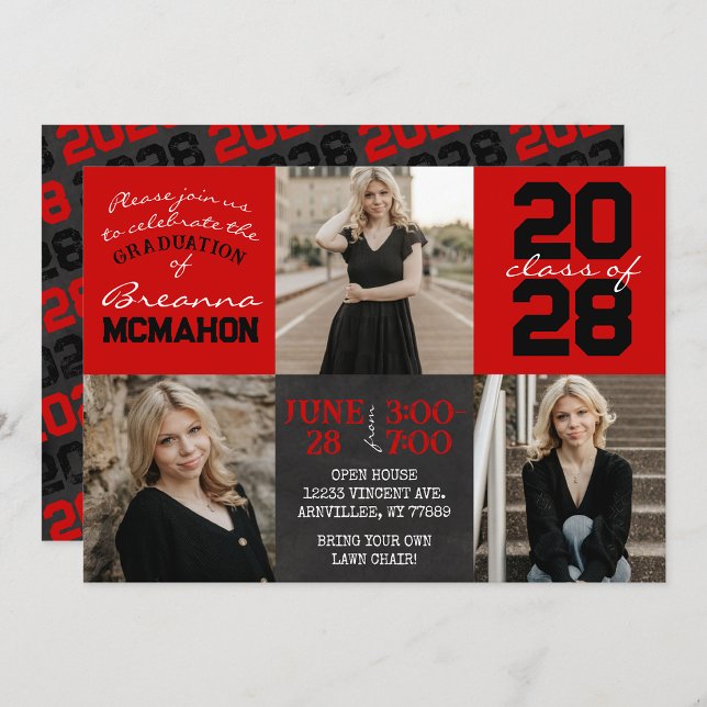 Red & Black Chalkboard 3 Photo Graduation Invitation (Red & Black Graduation Chalkboard 3 Picture Invites)