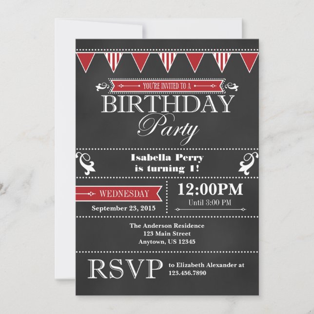 Red Black Chalkboard Birthday Invitation (Front)