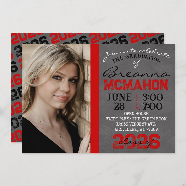 Red & Black Chalkboard Graduation Photo Invitation (Repeating Class Year 1 & 2 Photo Graduation Invitations)