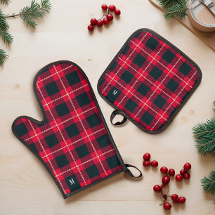 Red & Black Chequerboard Buffalo Plaid Monogram Oven Mitt & Pot Holder Set