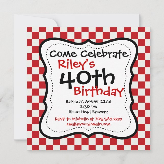 Red Black Chequered 40th Birthday Party Invitation (Front)
