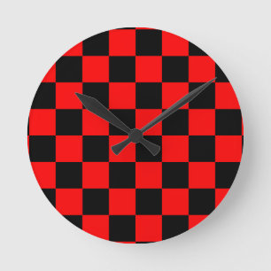 Red Black Chequered Check Pattern Round Clock