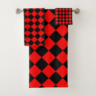 Red Black Chequered Diamond Pattern Bath Towel Set