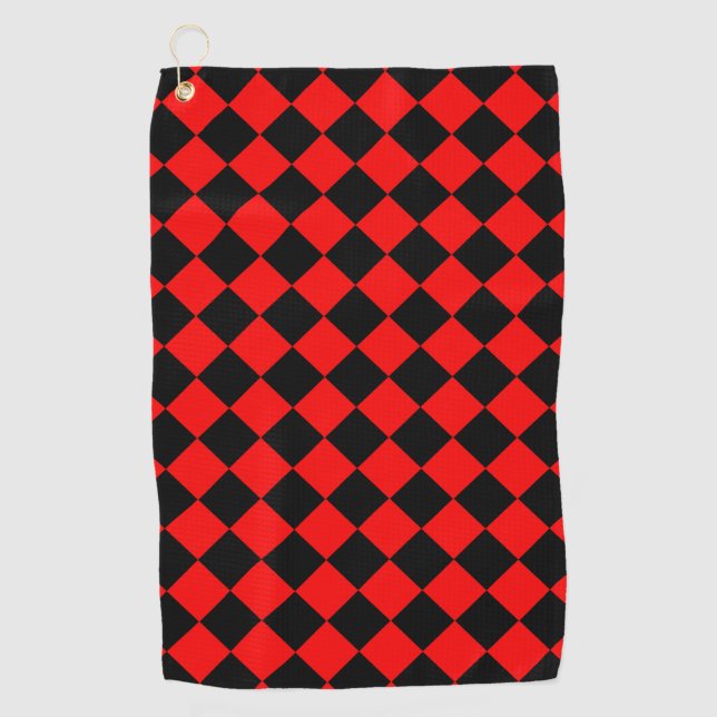 Red Black Chequered Diamond Pattern Golf Towel (Front)