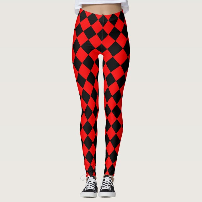 Red Black Chequered Diamond Pattern  Leggings (Front)