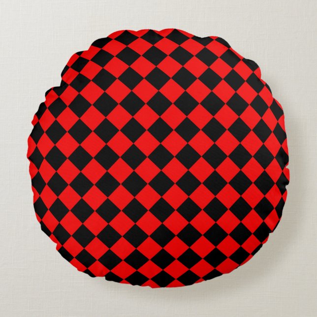 Red Black Chequered Diamond Pattern  Round Cushion (Front)