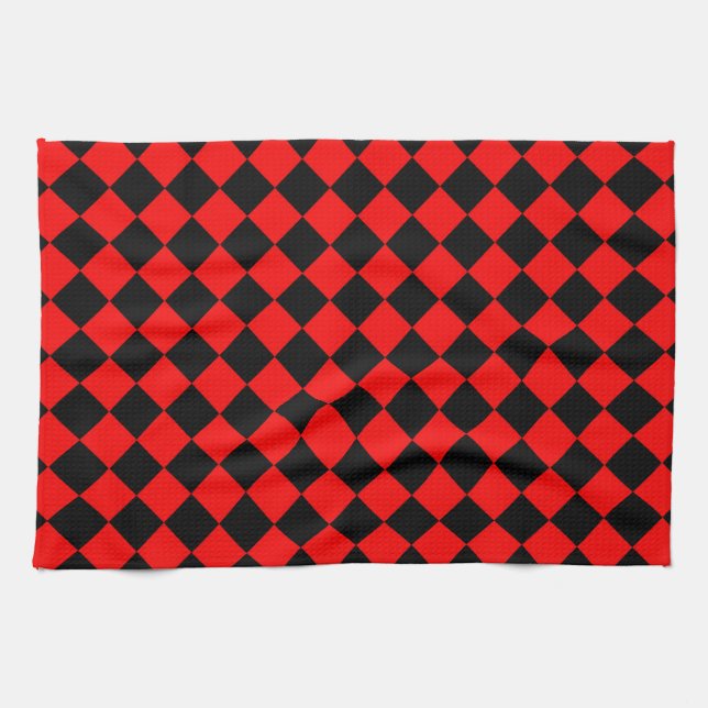 Red Black Chequered Diamond Pattern  Tea Towel (Horizontal)