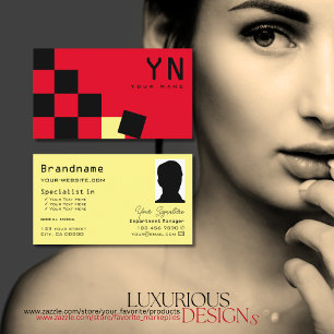 Red Black Chessboard Yellow with Monogram & Photo Business Card