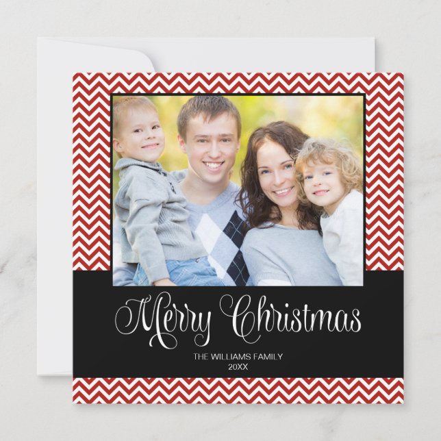 Red Black Chevron Christmas Square Photo Card (Front)