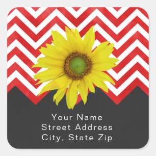 Red Black Chevron Colour Block with Sunflower Labe Square Sticker