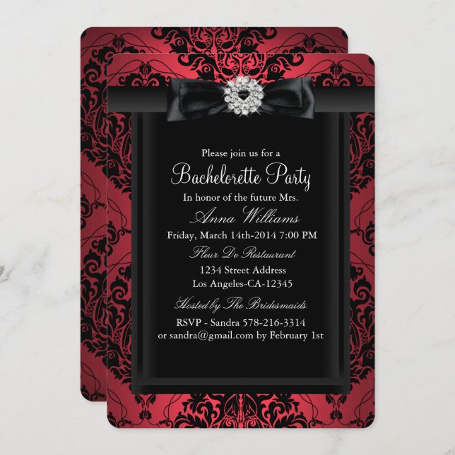 Red & Black Chic Damask Bachelorette Party Invitation (Front/Back)