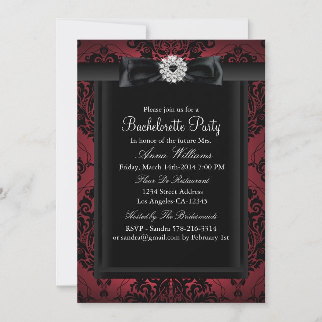 Red & Black Chic Damask Bachelorette Party Invitation (Front)