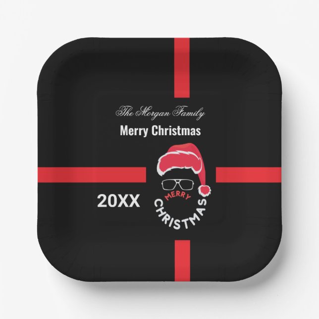 Red Black Christmas Holiday Party Paper Plate (Front)